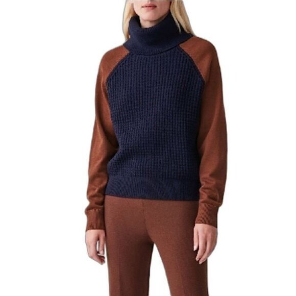 COS Wool Cotton Colorblock Waffle Turtleneck Sweater Navy Blue Rust - Picture 3 of 10